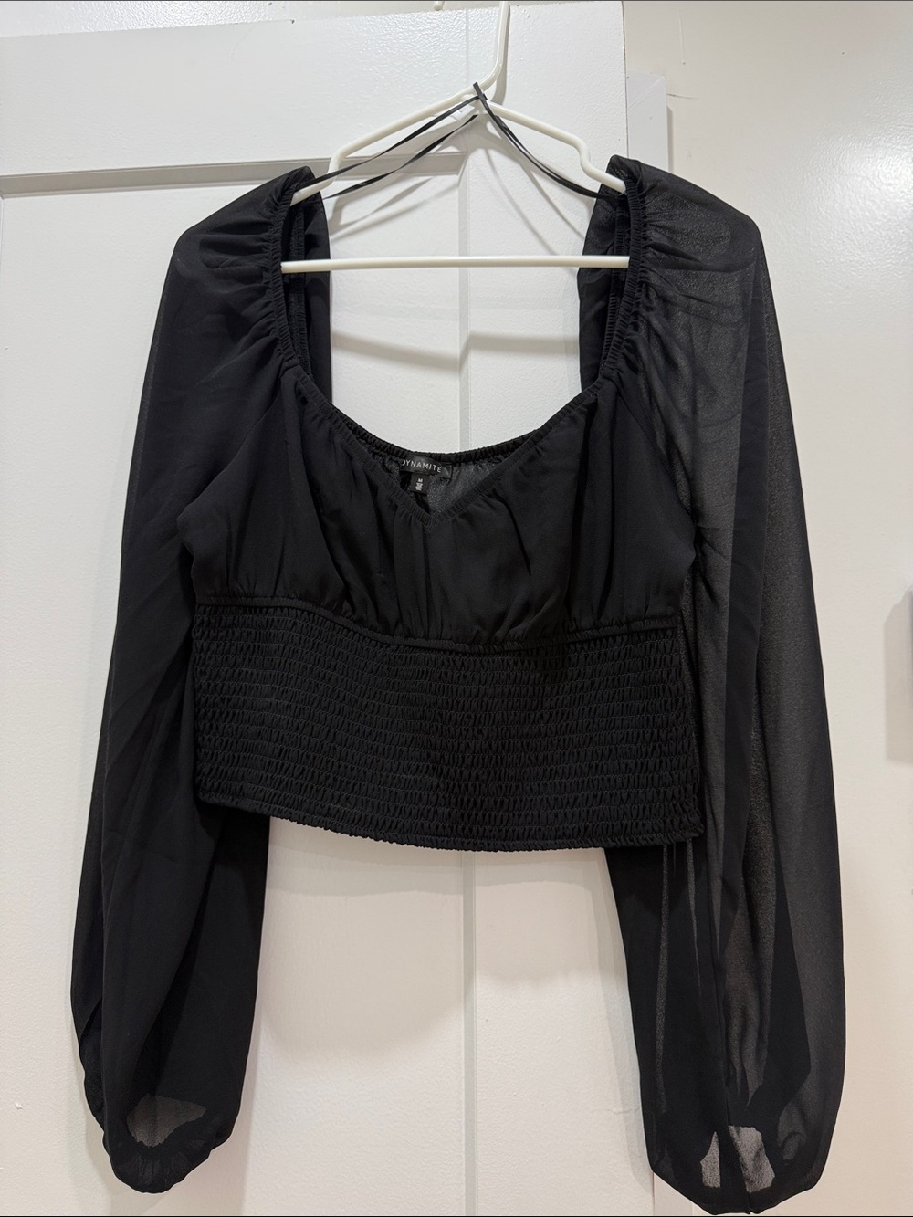 Dynamite Black Smocked Crop Top with Sheer Long Sleeves